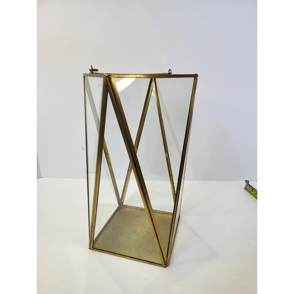 Gold Brass Geometric Glass Lantern Candle Holder Modern Wedding Decor 11.5 inch
